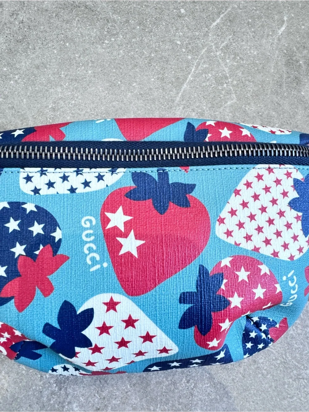 Gucci Blue, Red & White Strawberry Print Crossbody Belt Bag